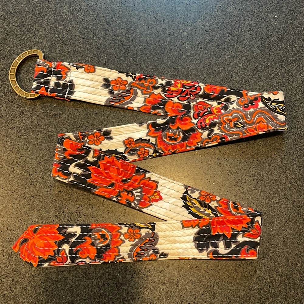 J Crew multicolor orange, red and black fabric belt, size medium/large.